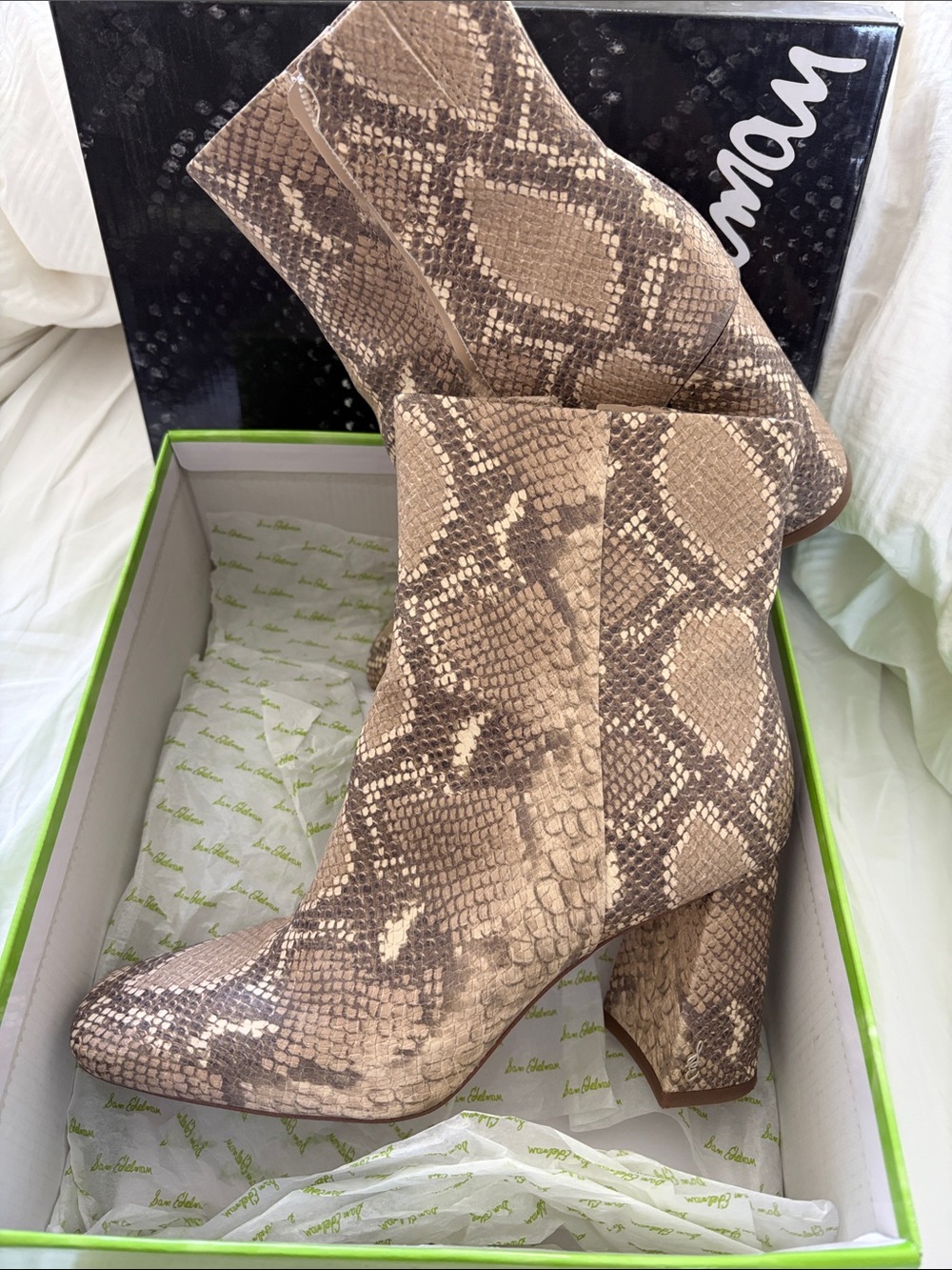 Sam Edelman Beige Snake-Print Block Heel Ankle Boots